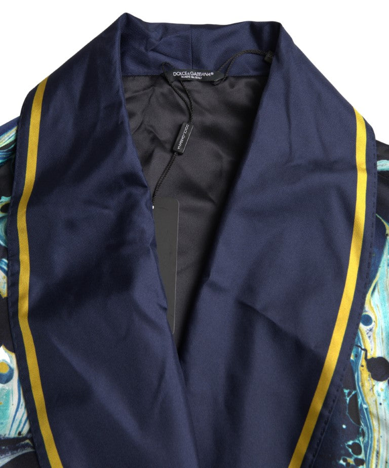 Dolce & Gabbana Marble Blue Silk Long Robe Luxury Sleepwear IT50 / L