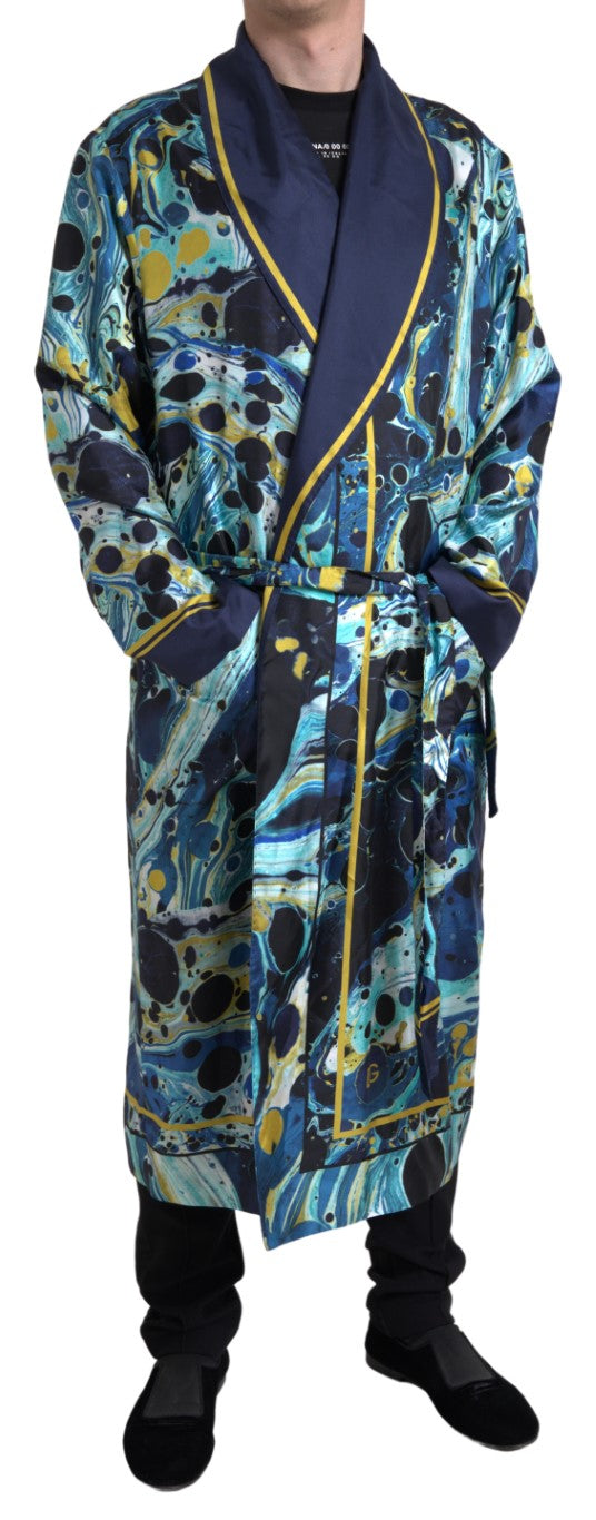 Dolce & Gabbana Marble Blue Silk Long Robe Luxury Sleepwear IT50 / L