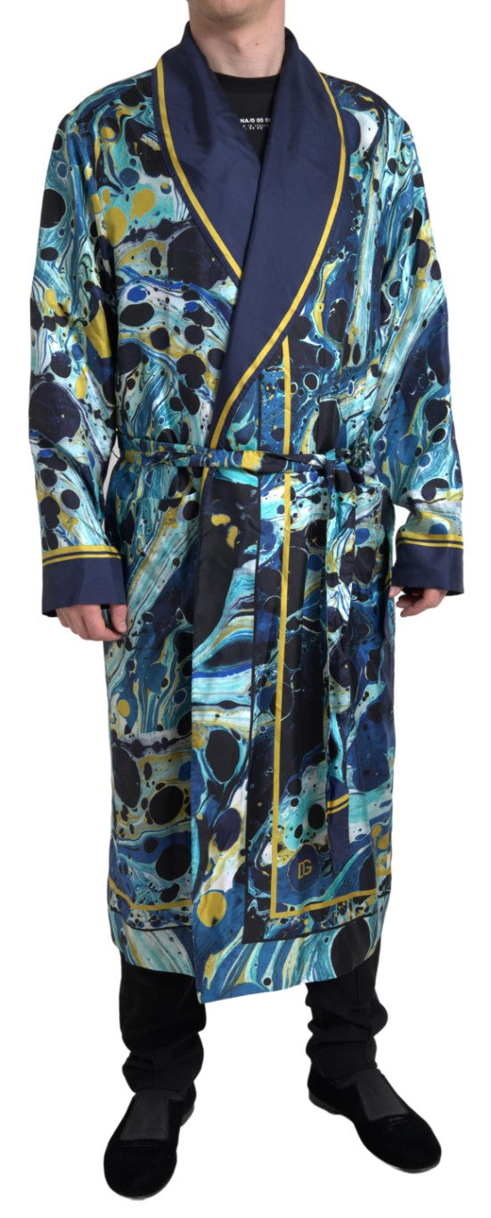 Dolce & Gabbana Marble Blue Silk Long Robe Luxury Sleepwear IT50 / L