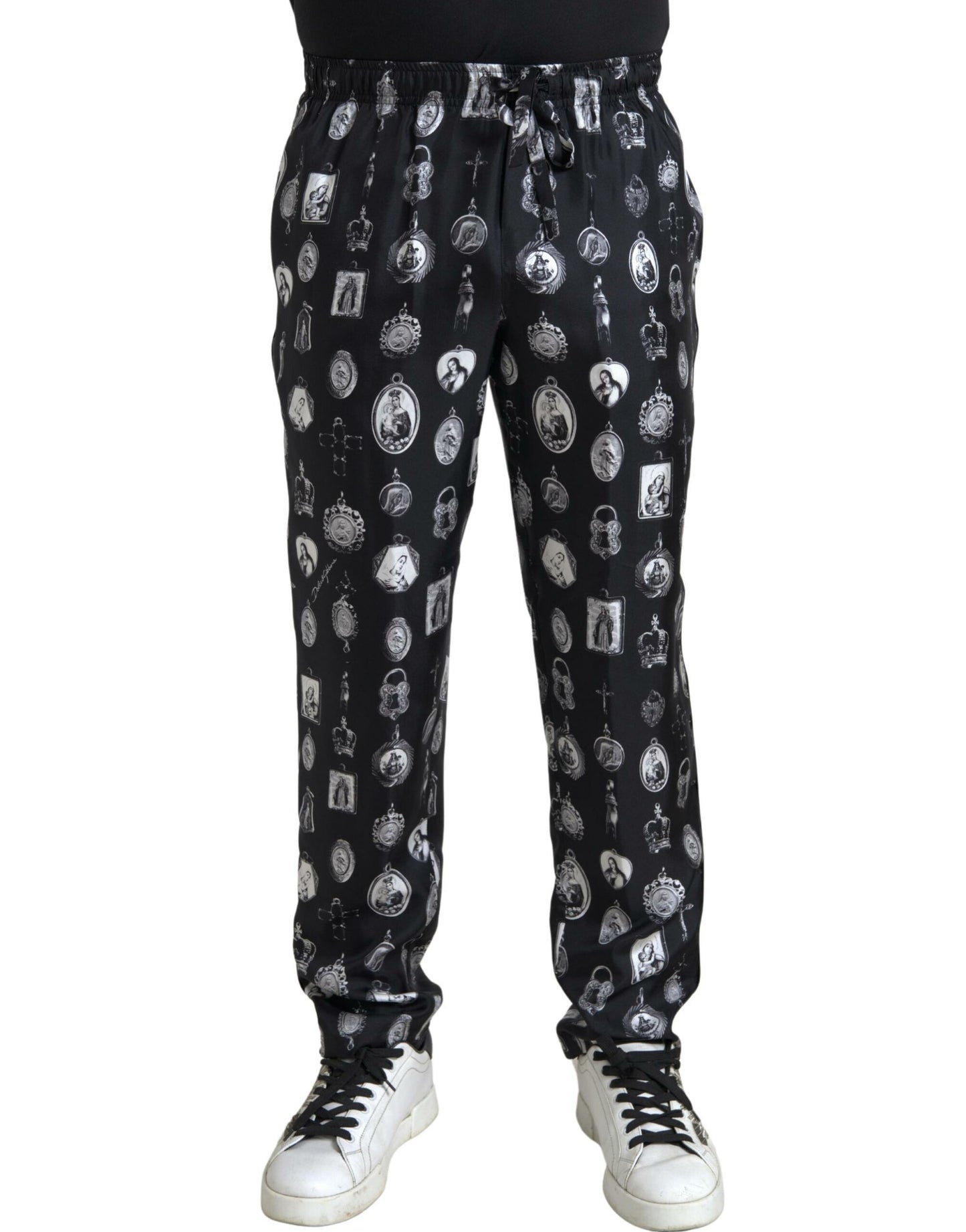 Dolce & Gabbana Elegant Silk Joggers with Religious Print IT50 / L