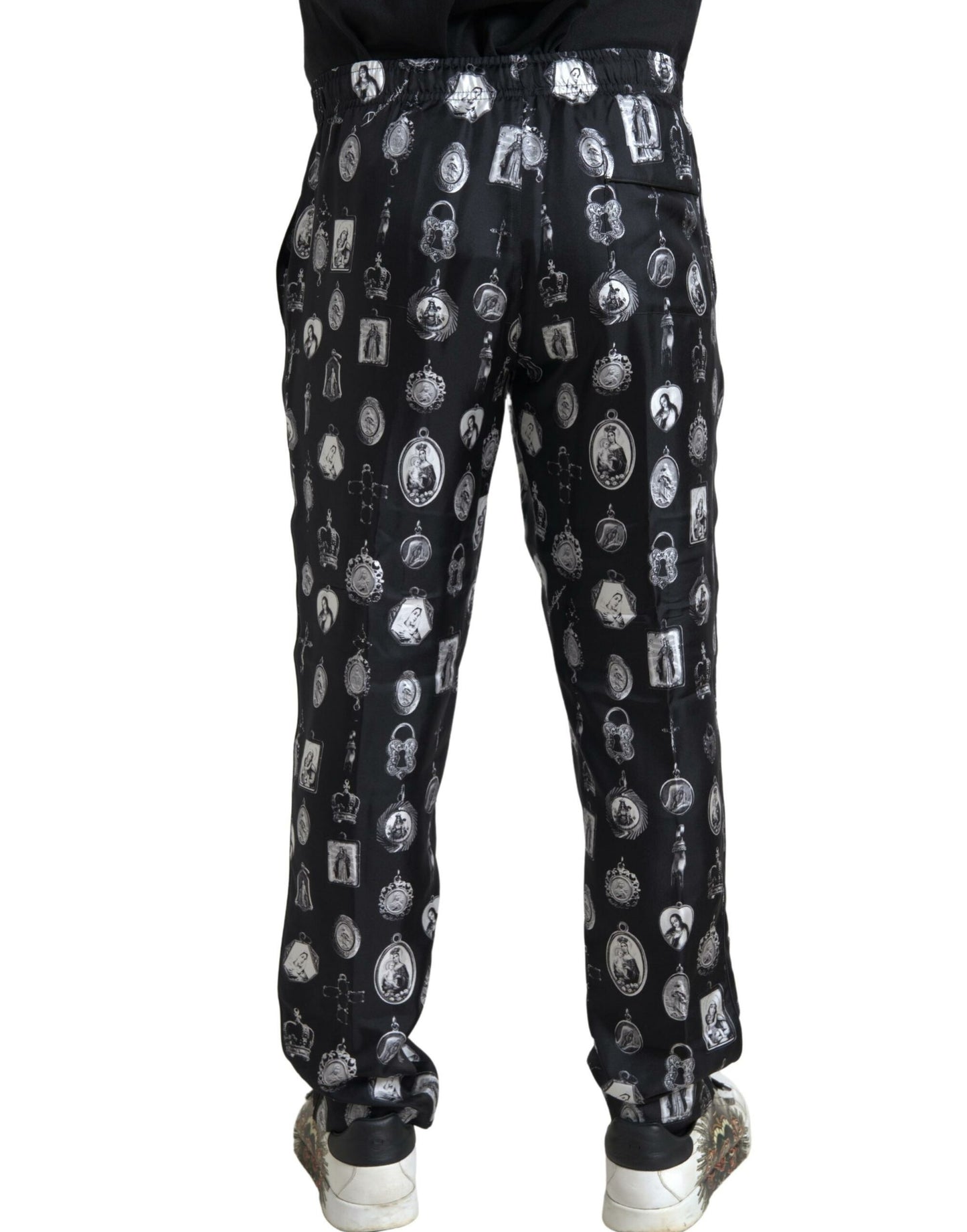 Dolce & Gabbana Elegant Silk Joggers with Religious Print IT50 / L