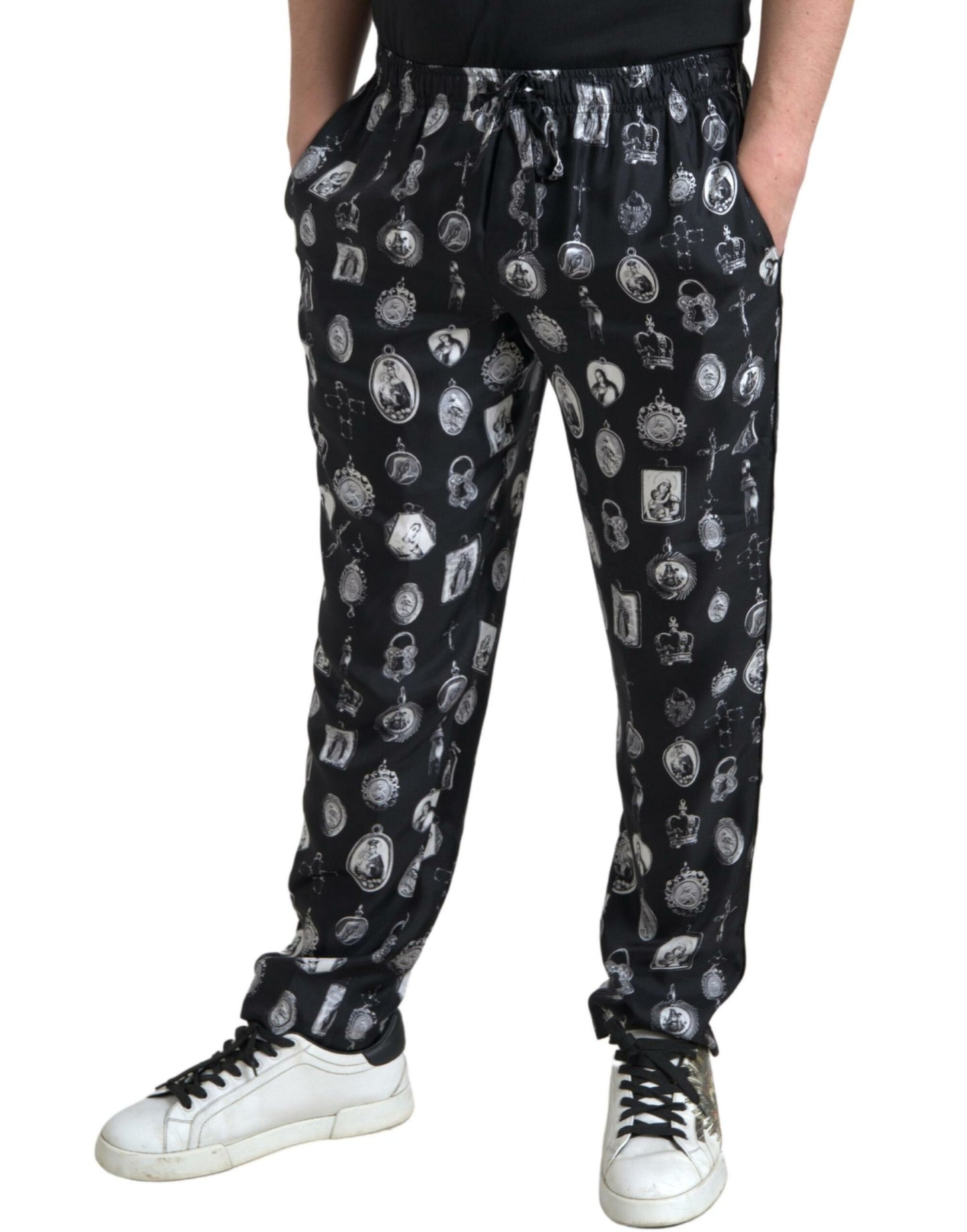 Dolce & Gabbana Elegant Silk Joggers with Religious Print IT50 / L