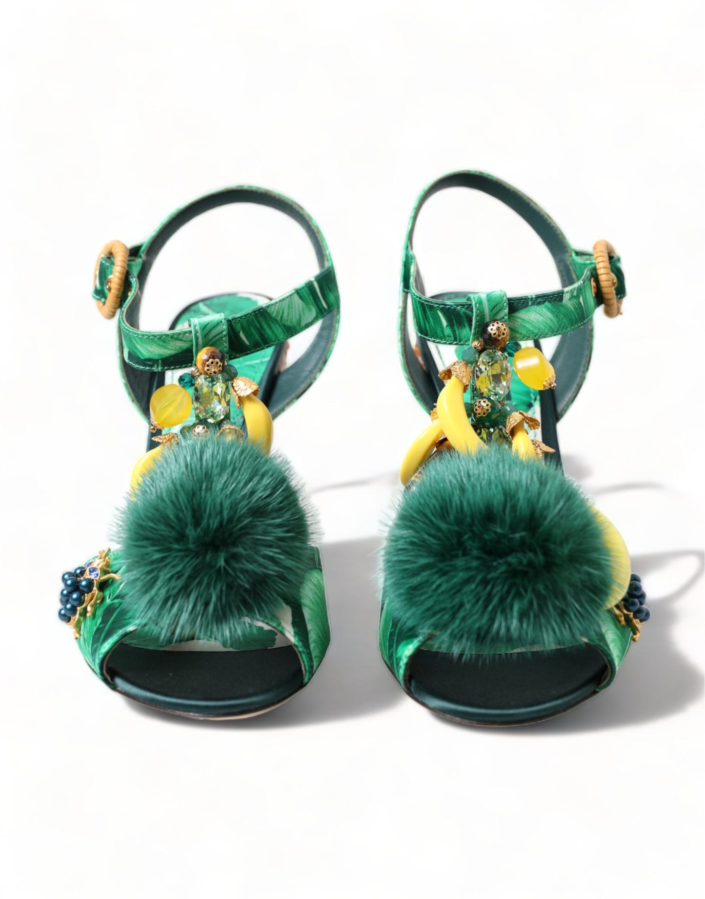 Dolce & Gabbana Green Crystal Mink Fur T-Strap Sandals EU35 / US4.5