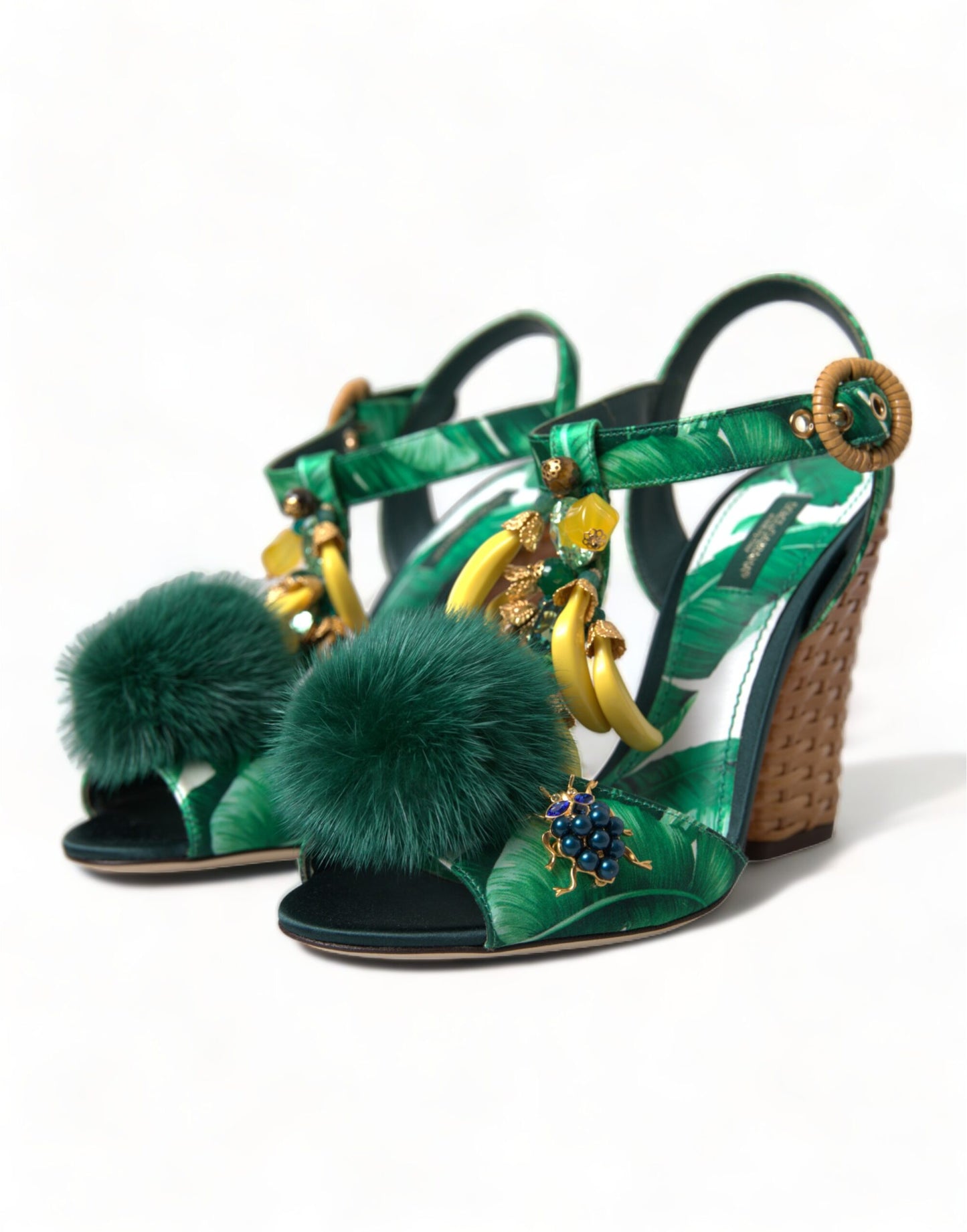 Dolce & Gabbana Green Crystal Mink Fur T-Strap Sandals EU35 / US4.5