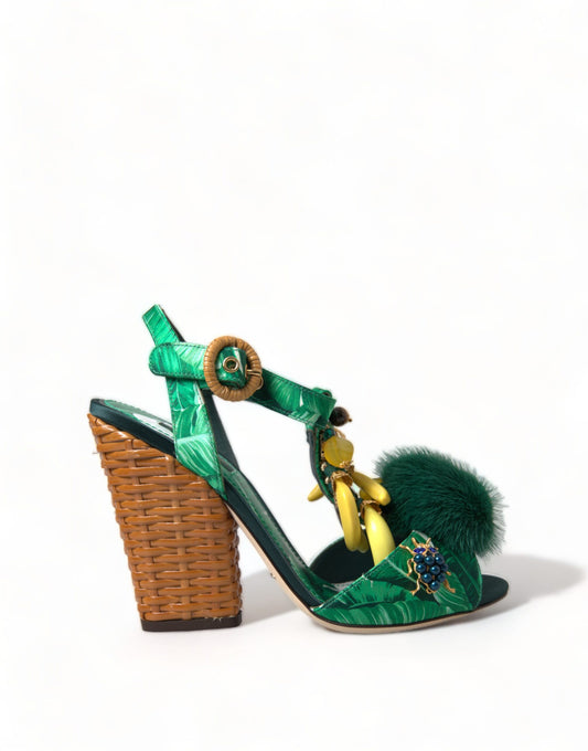 Dolce & Gabbana Green Crystal Mink Fur T-Strap Sandals EU35 / US4.5