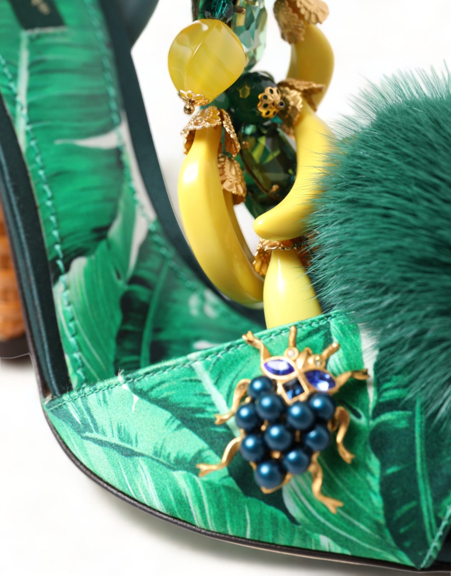 Dolce & Gabbana Green Crystal Mink Fur T-Strap Sandals EU35 / US4.5