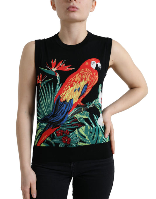 Dolce & Gabbana Elegant Crew Neck Wool Silk Tank with Bird Embroidery IT38 / XS