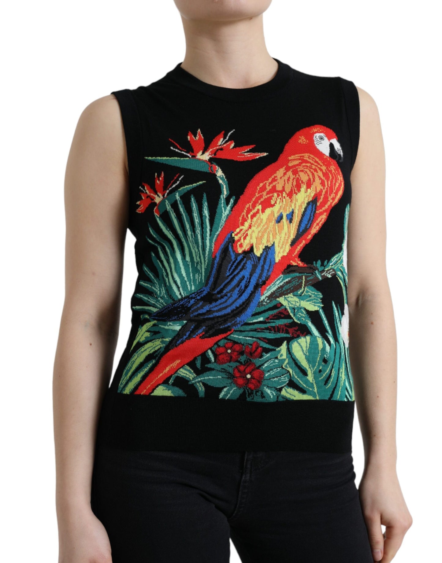 Dolce & Gabbana Elegant Crew Neck Wool Silk Tank with Bird Embroidery IT38 / XS