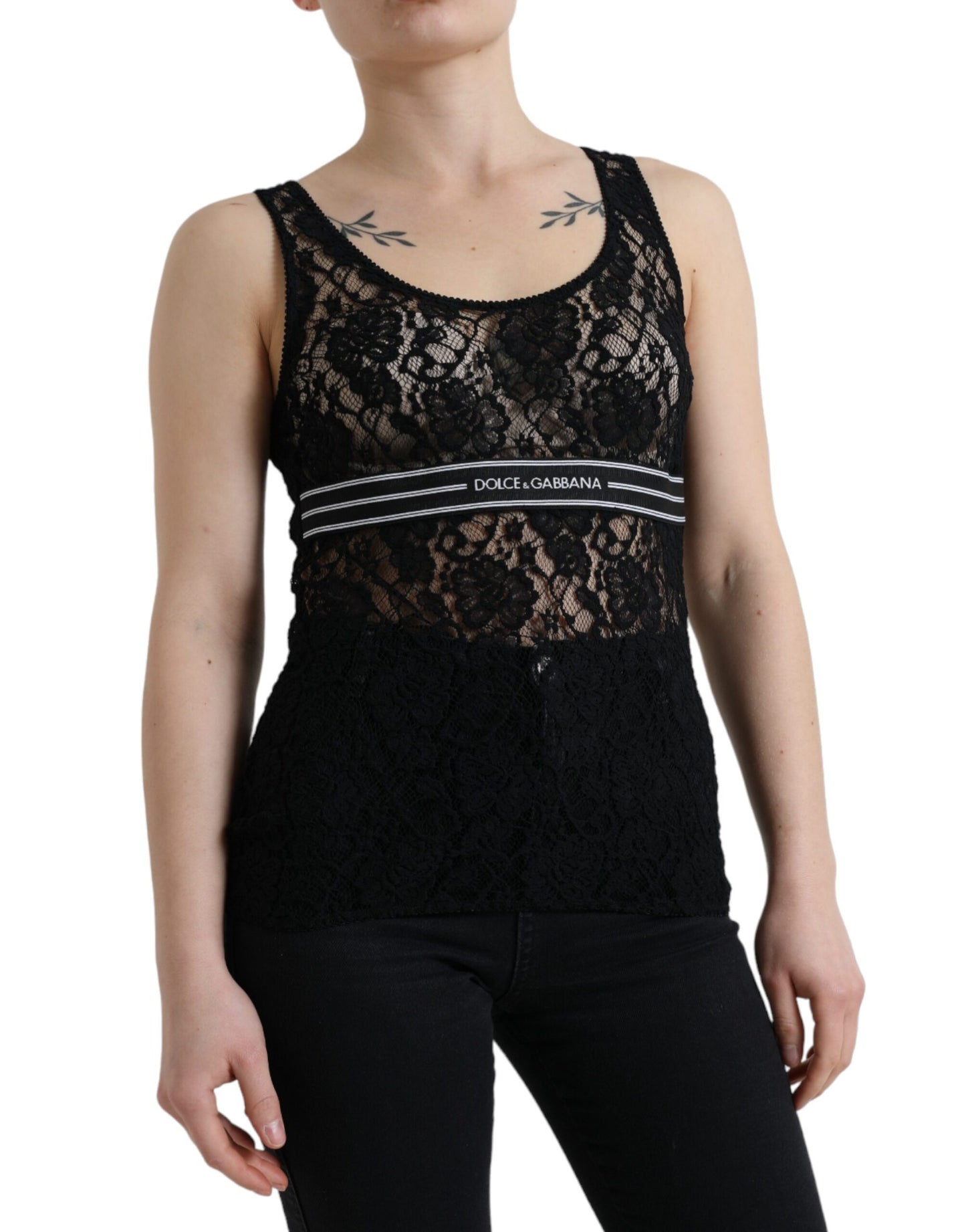 Dolce & Gabbana Elegant Lace Tank Top with Logo Stripe IT40 / S