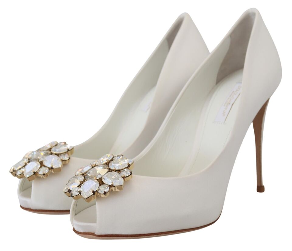 Dolce & Gabbana Crystal-Embellished White Peep Toe Heels EU38 / US7.5