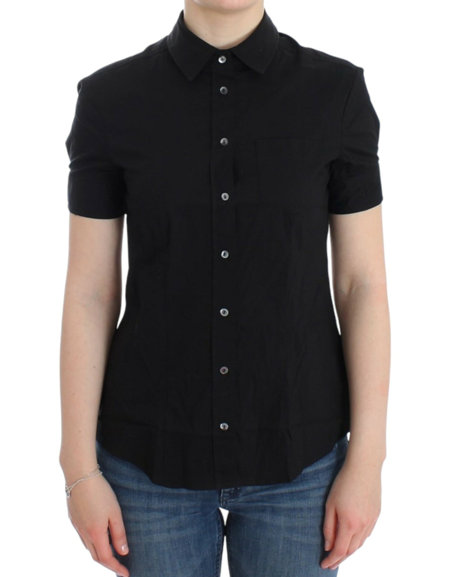 John Galliano Elegant Black Cotton Stretch Shortsleeve Blouse IT40 | S