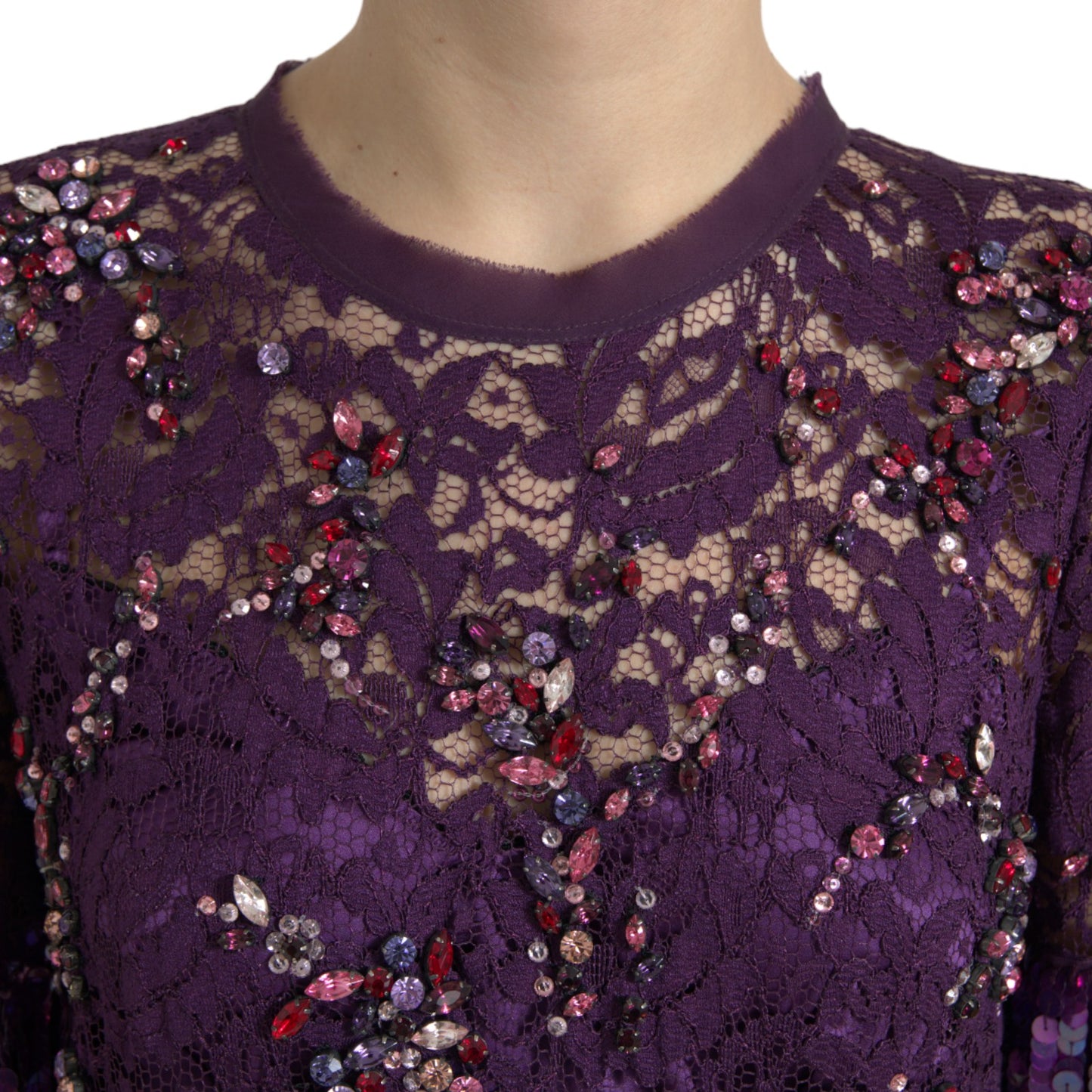 Dolce & Gabbana Elegant Purple Floral Lace Crystal Dress IT42 | M