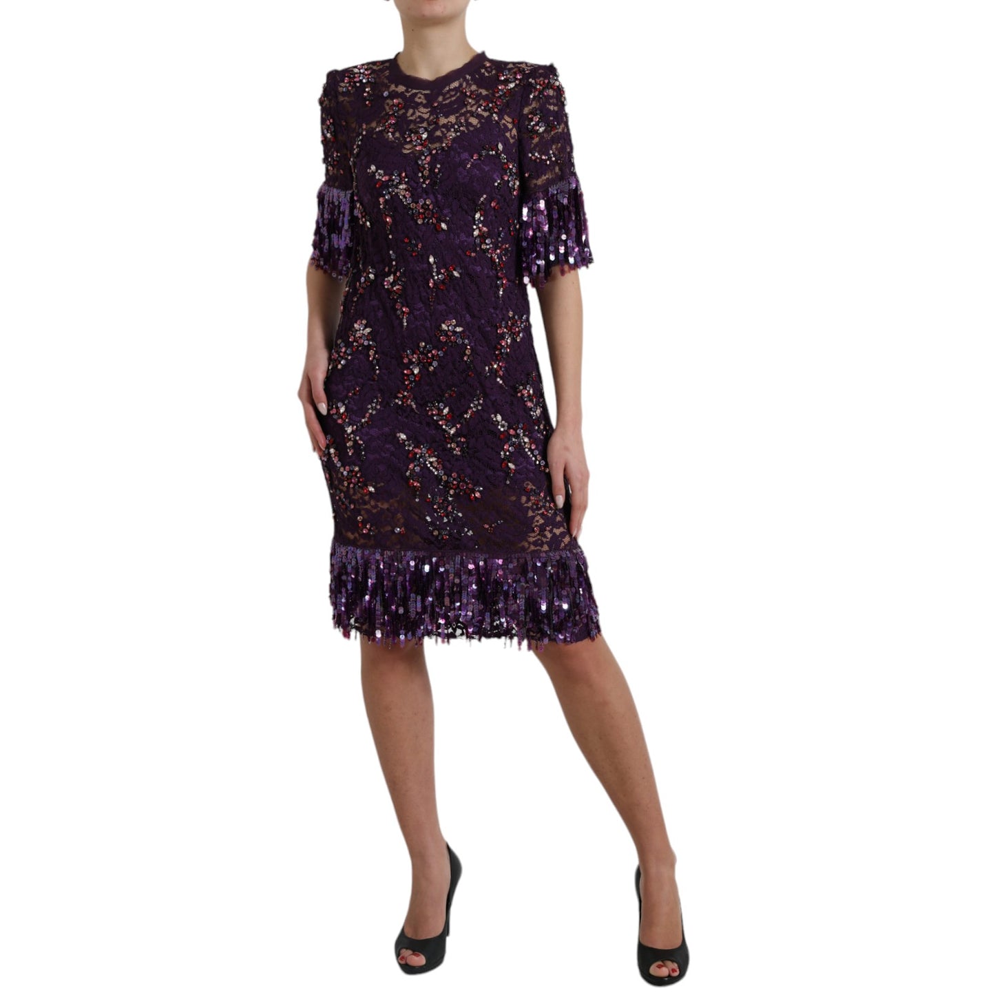 Dolce & Gabbana Elegant Purple Floral Lace Crystal Dress IT42 | M