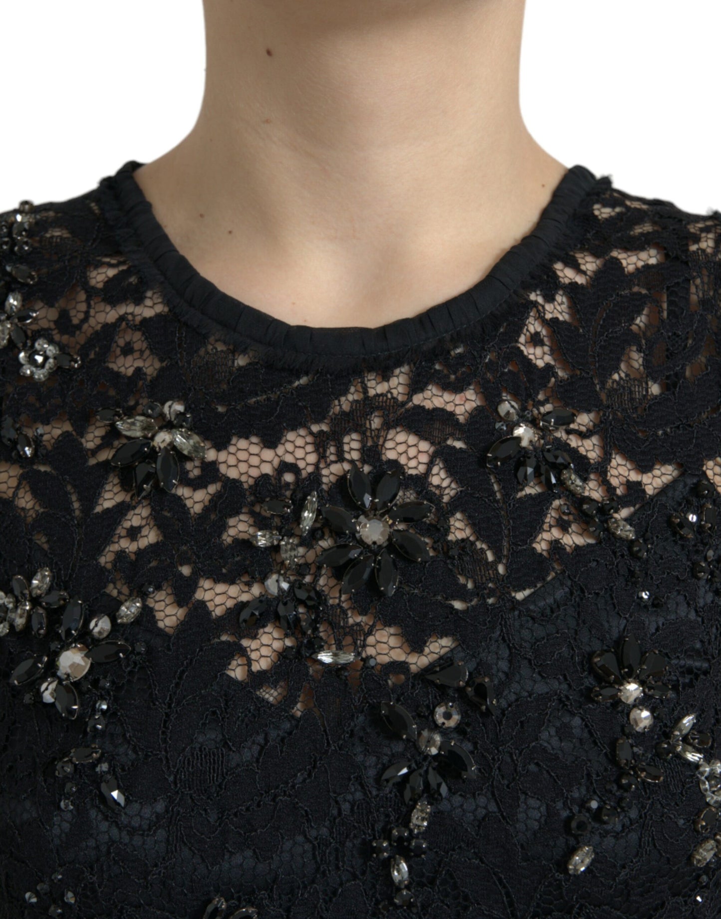 Dolce & Gabbana Exquisite Black Floral Lace Crystal Sheath Dress IT40 | S