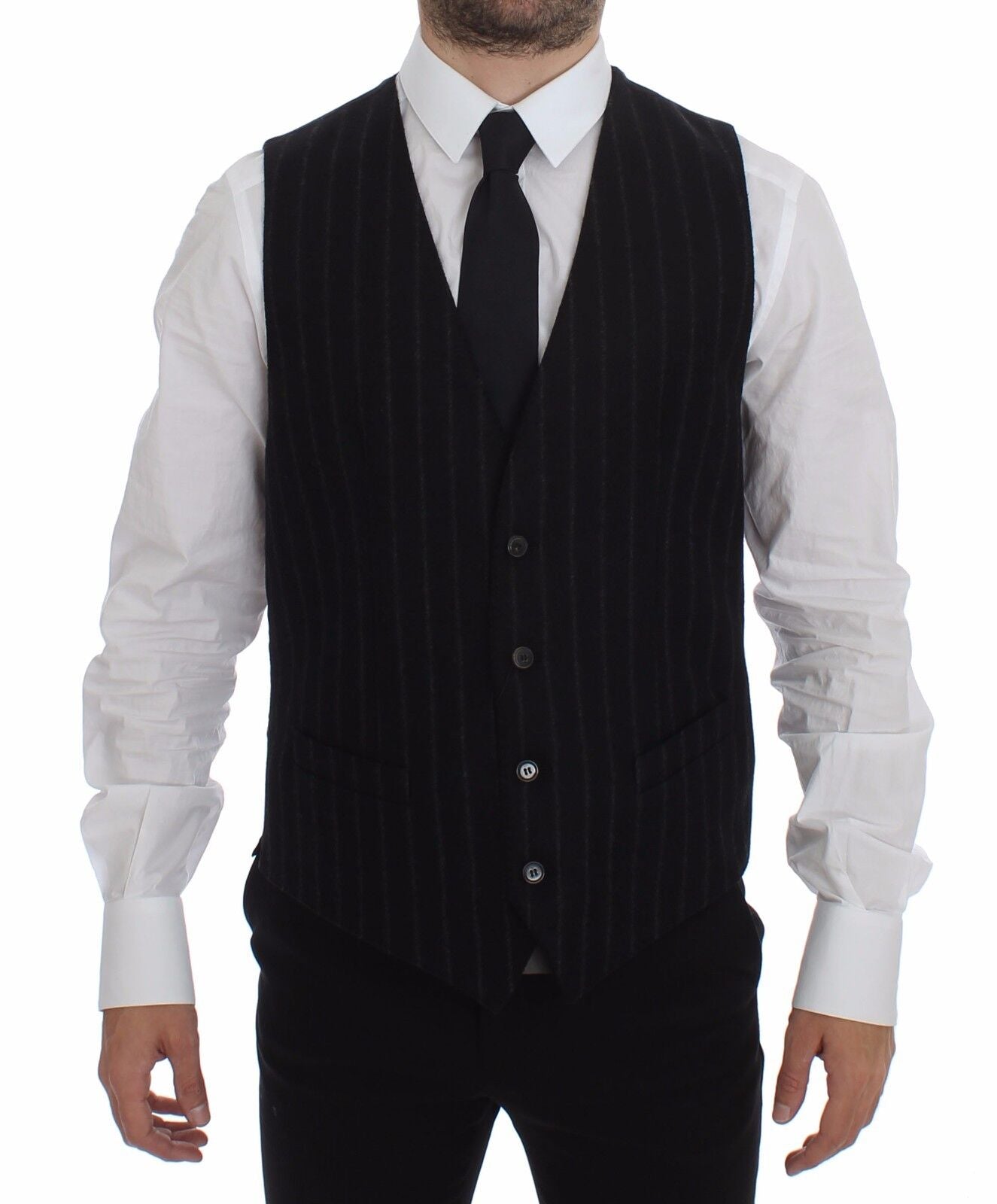 Dolce & Gabbana Elegant Black Striped Single Breasted Dress Vest IT48 / M