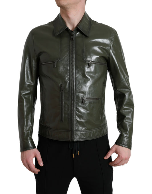 Dolce & Gabbana Emerald Elegance Leather Biker Jacket IT50 / L