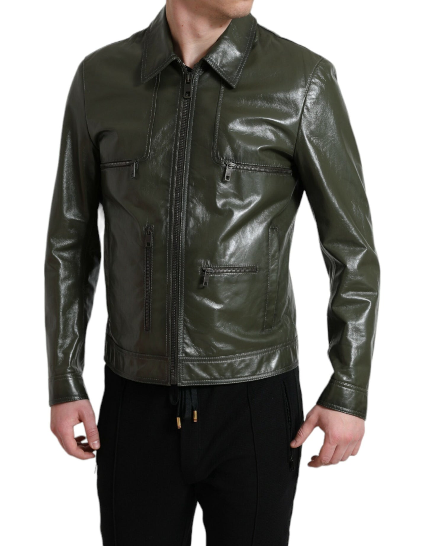 Dolce & Gabbana Emerald Elegance Leather Biker Jacket IT50 / L