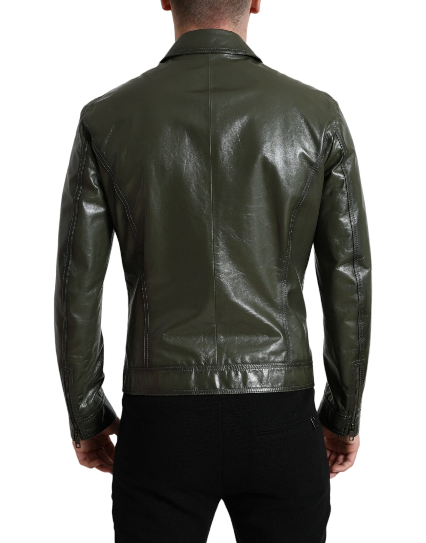 Dolce & Gabbana Emerald Elegance Leather Biker Jacket IT50 / L