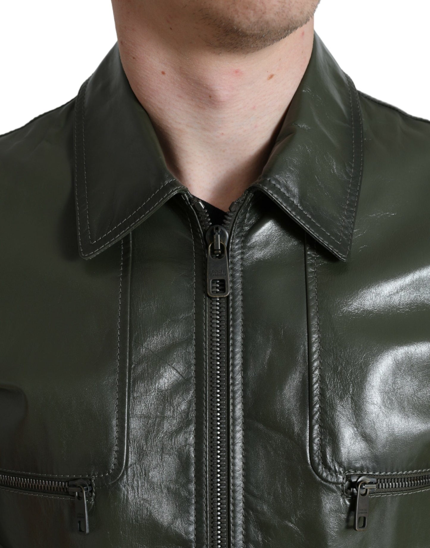 Dolce & Gabbana Emerald Elegance Leather Biker Jacket IT50 / L