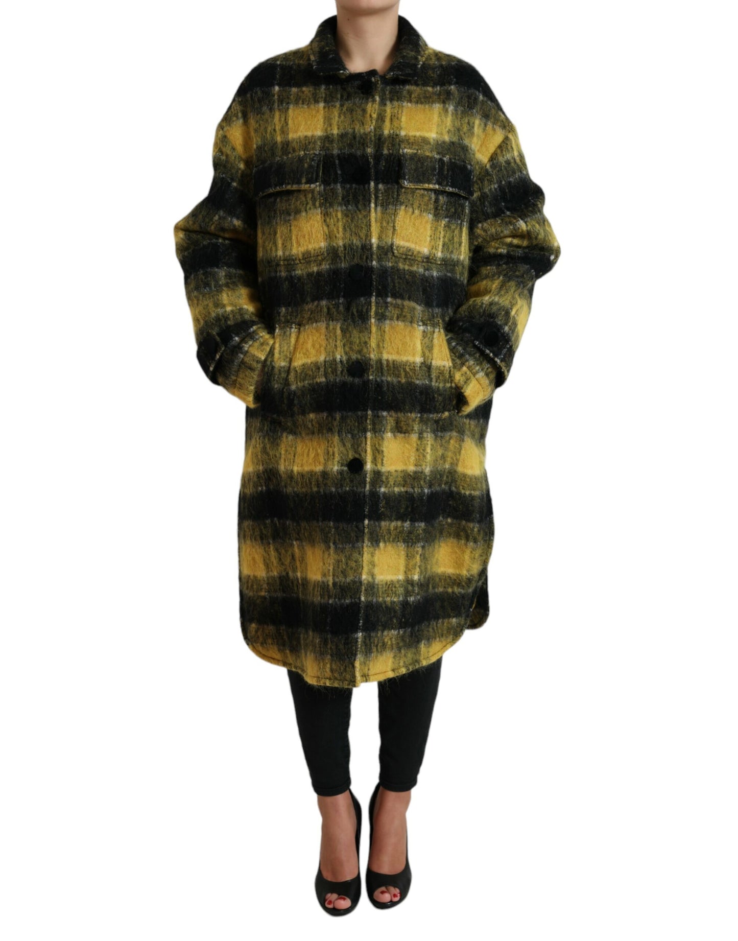 Dolce & Gabbana Chic Plaid Long Coat in Sunshine Yellow IT40 / S