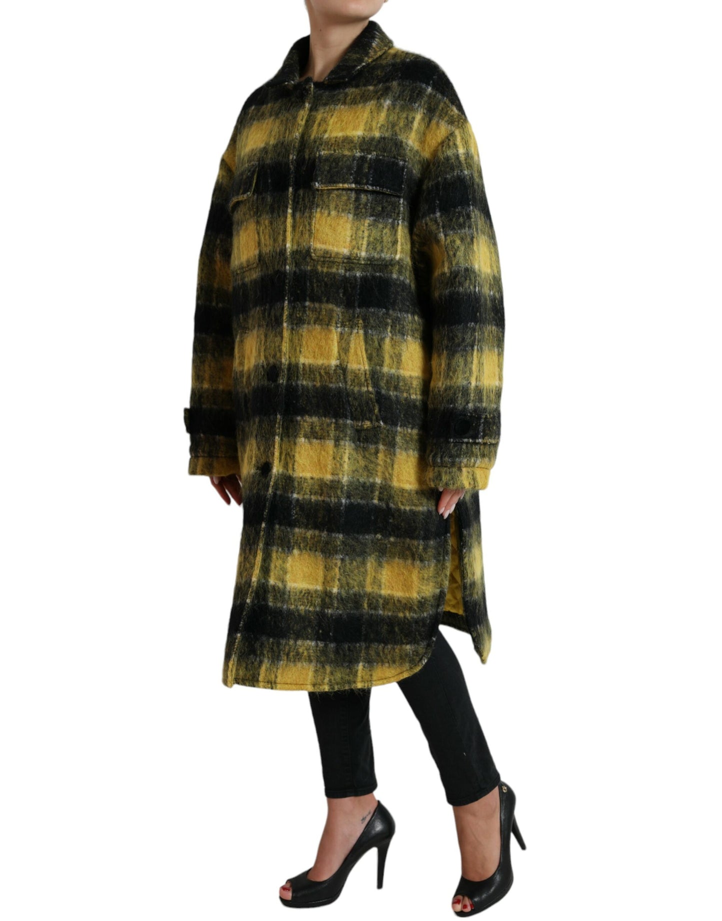 Dolce & Gabbana Chic Plaid Long Coat in Sunshine Yellow IT40 / S