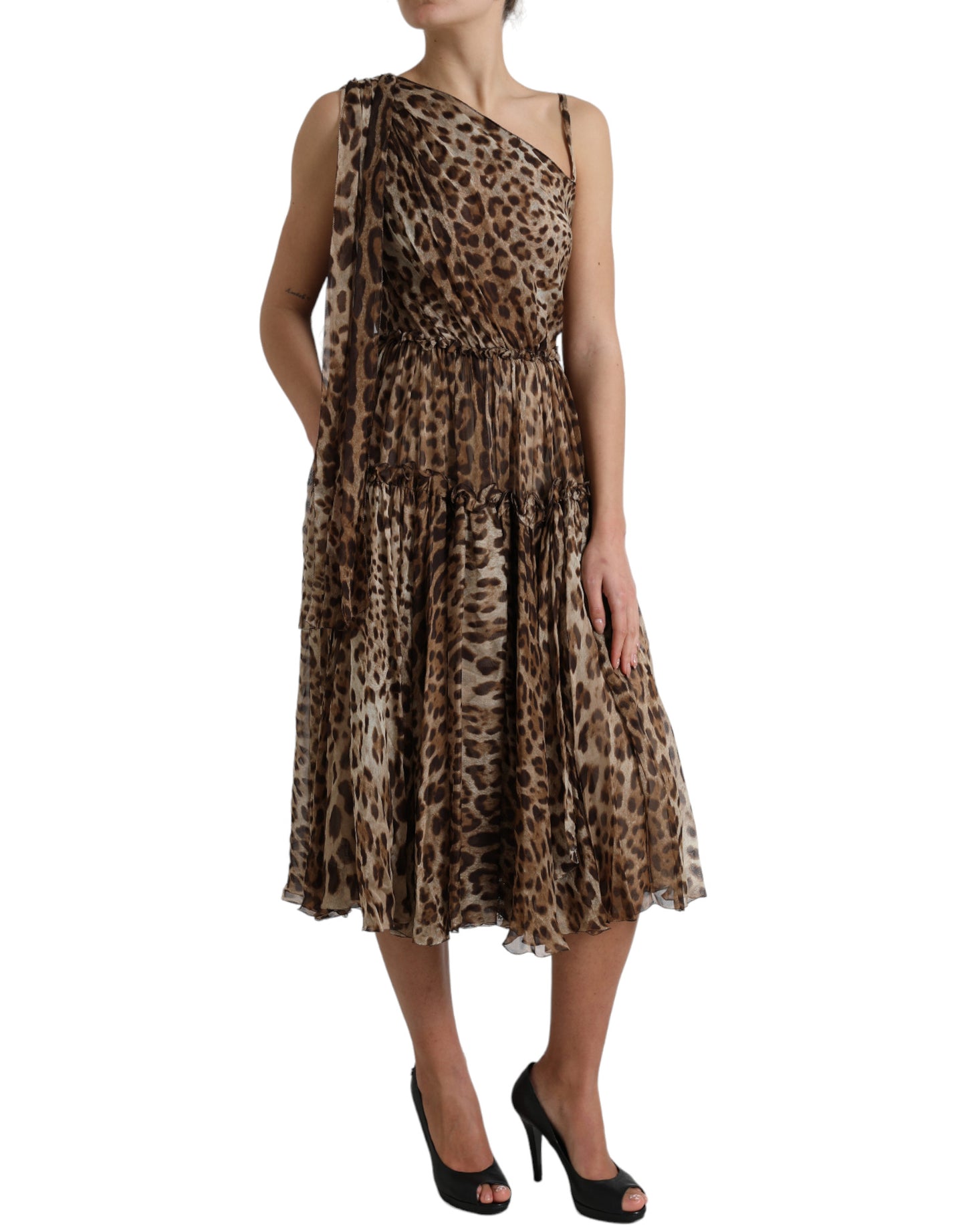 Dolce & Gabbana Elegant One-Shoulder Leopard Midi Dress IT42 / M