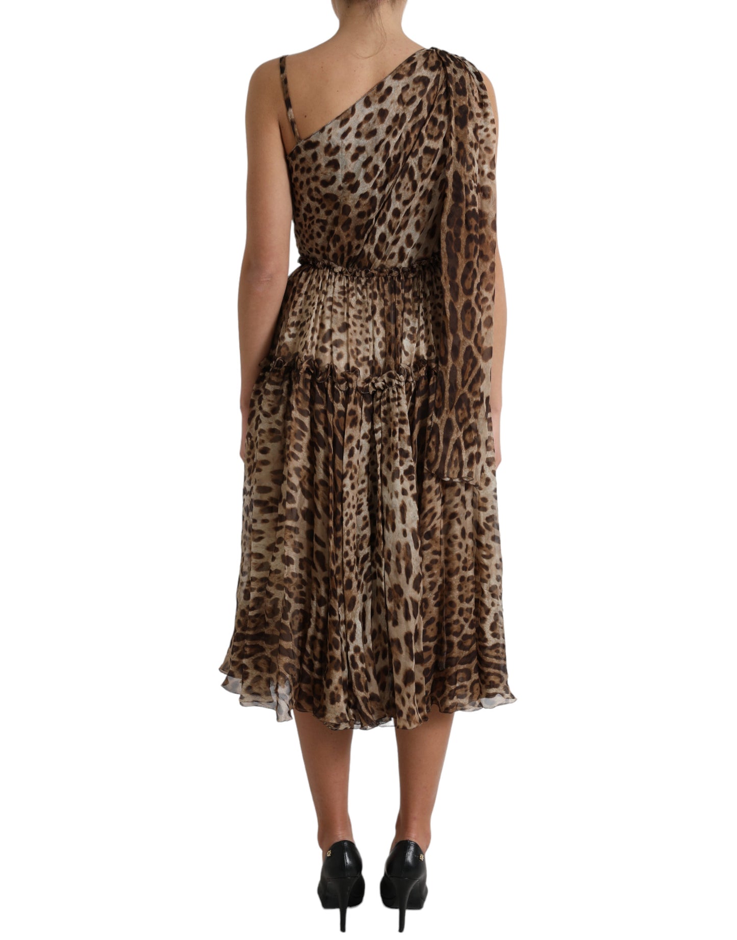 Dolce & Gabbana Elegant One-Shoulder Leopard Midi Dress IT42 / M