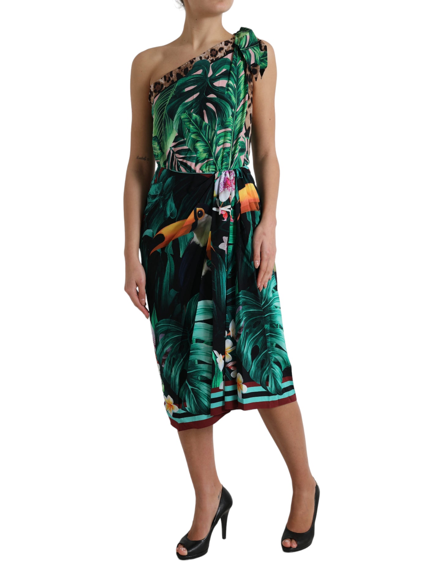 Dolce & Gabbana Tropical Jungle Print One-Shoulder Dress IT42 / M