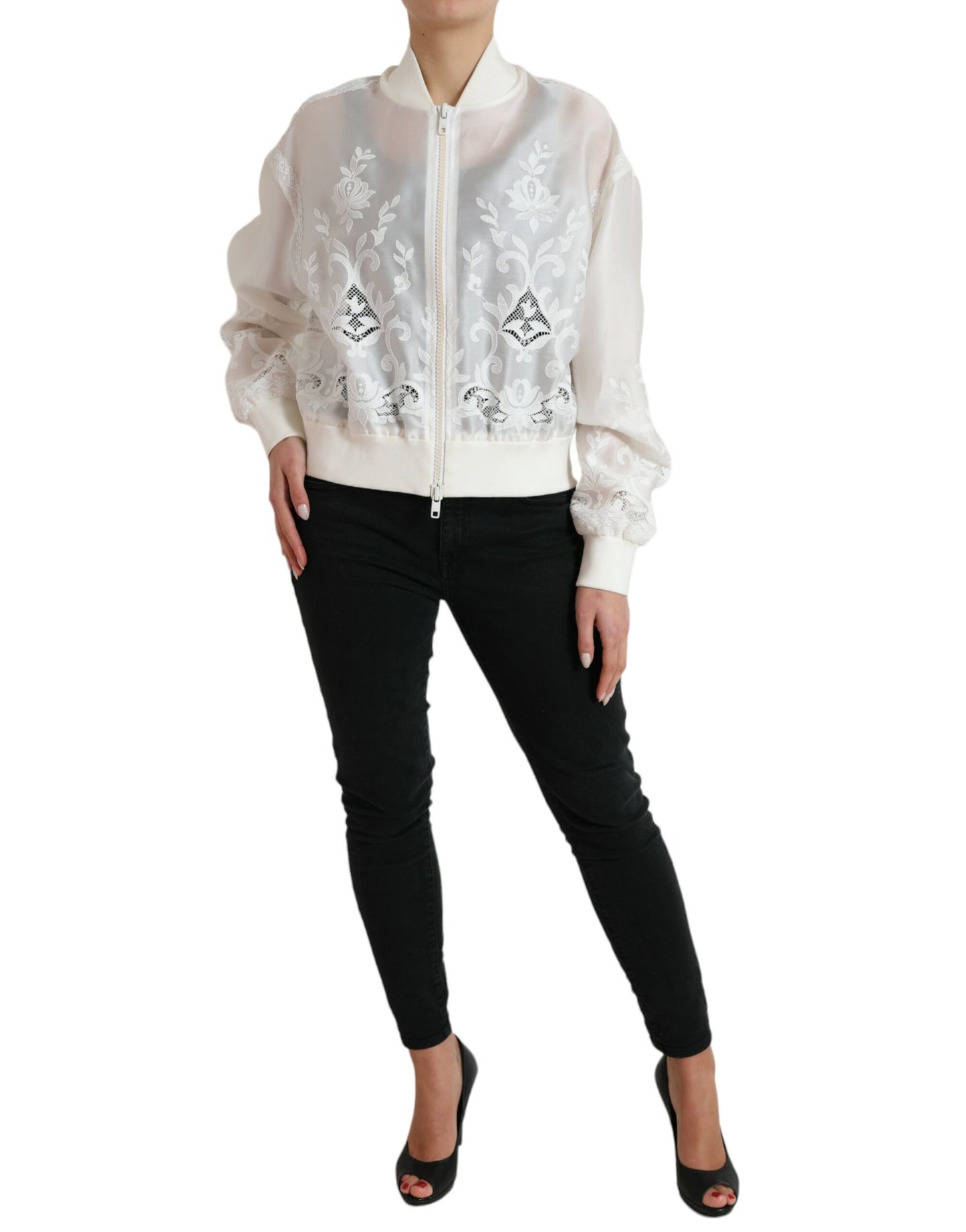 Dolce & Gabbana Elegant White Silk Bomber Jacket IT40 | S