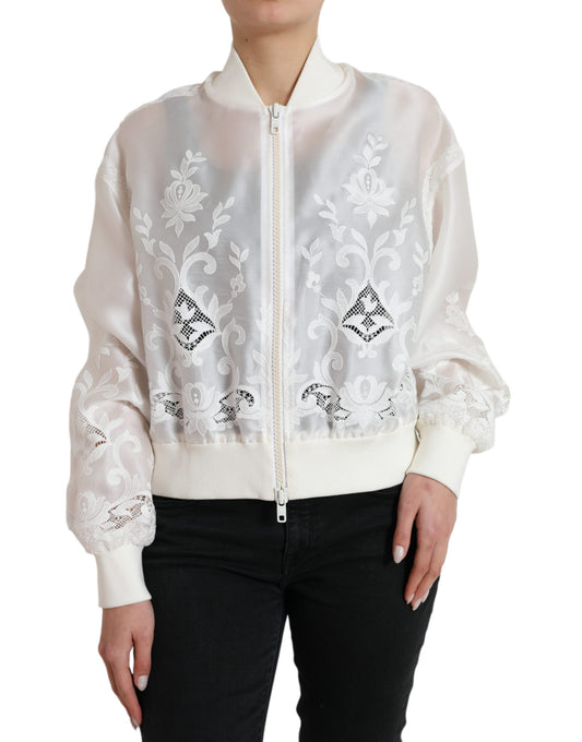 Dolce & Gabbana Elegant White Silk Bomber Jacket IT40 | S