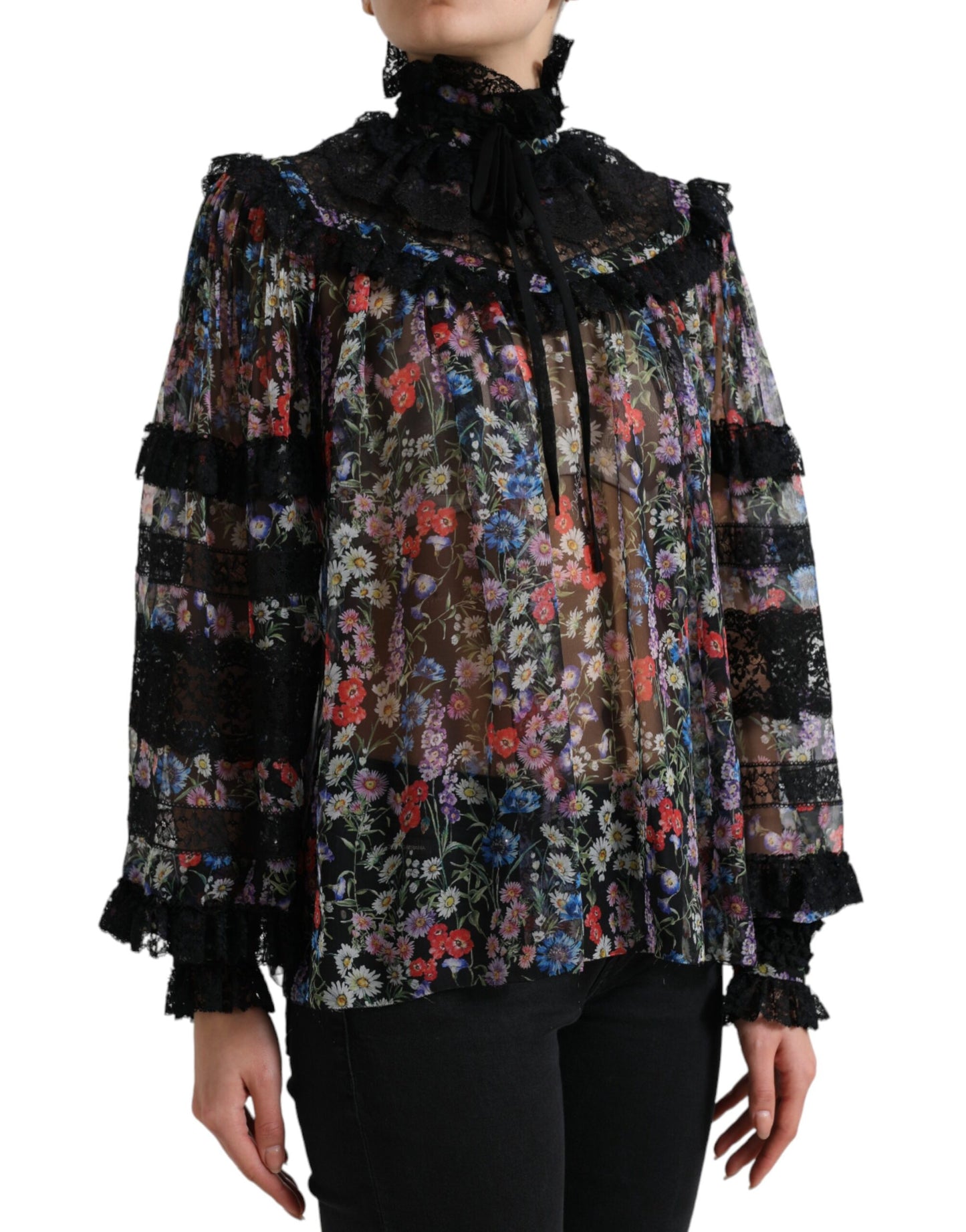 Dolce & Gabbana Elegant Floral Silk Blouse with Lace Trim IT40 | S