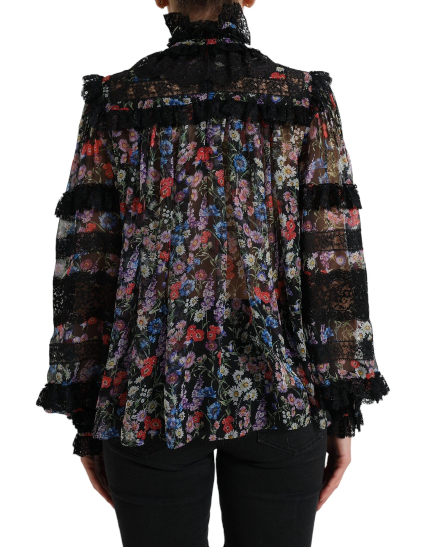 Dolce & Gabbana Elegant Floral Silk Blouse with Lace Trim IT40 | S