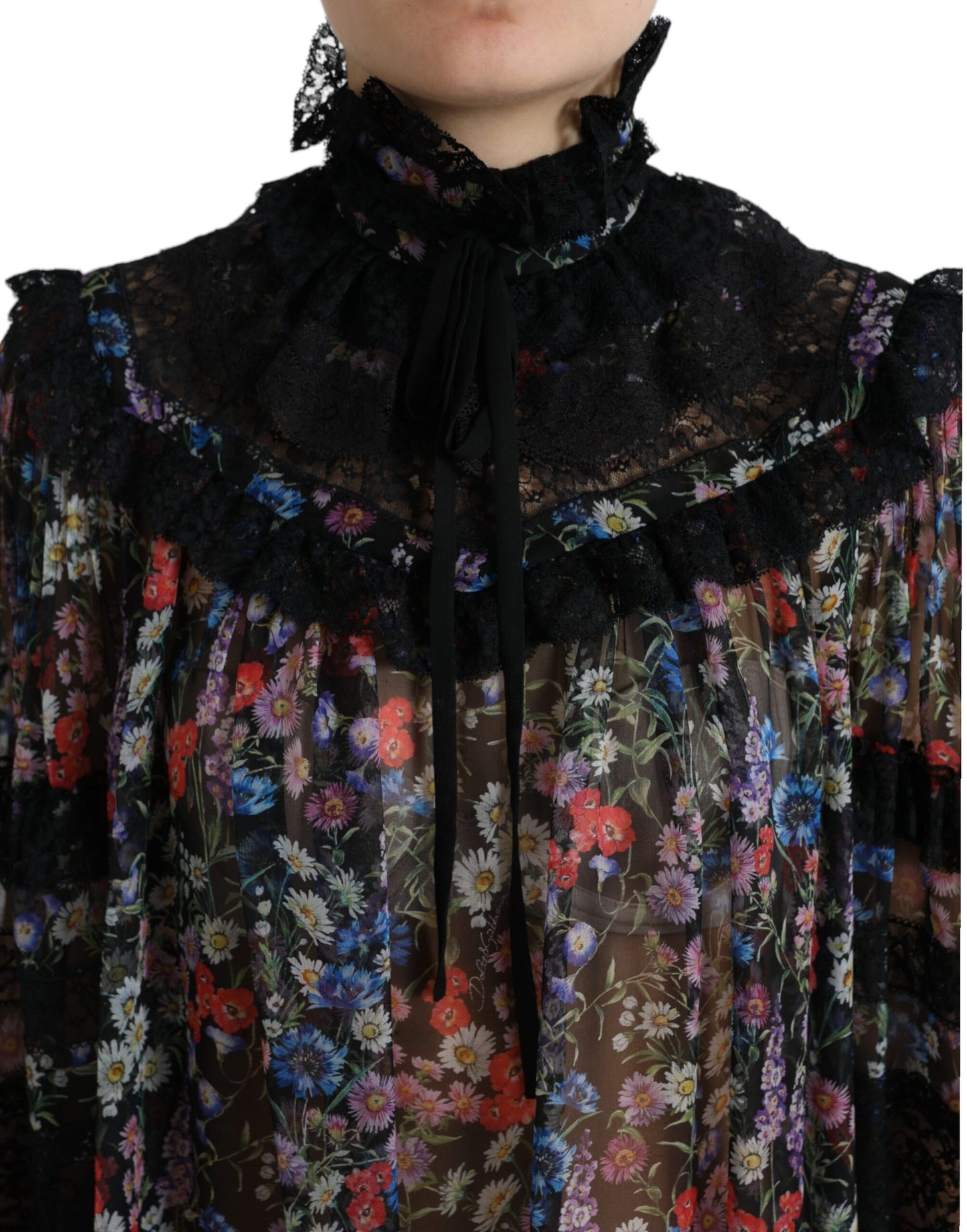 Dolce & Gabbana Elegant Floral Silk Blouse with Lace Trim IT40 | S