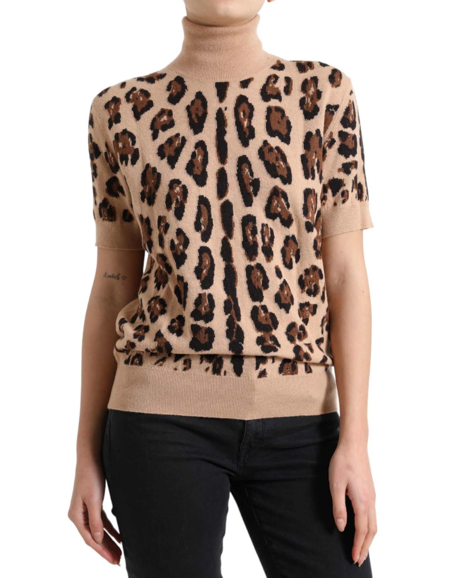 Dolce & Gabbana Elegant Beige Leopard Turtleneck Wool Top IT50 / XXL