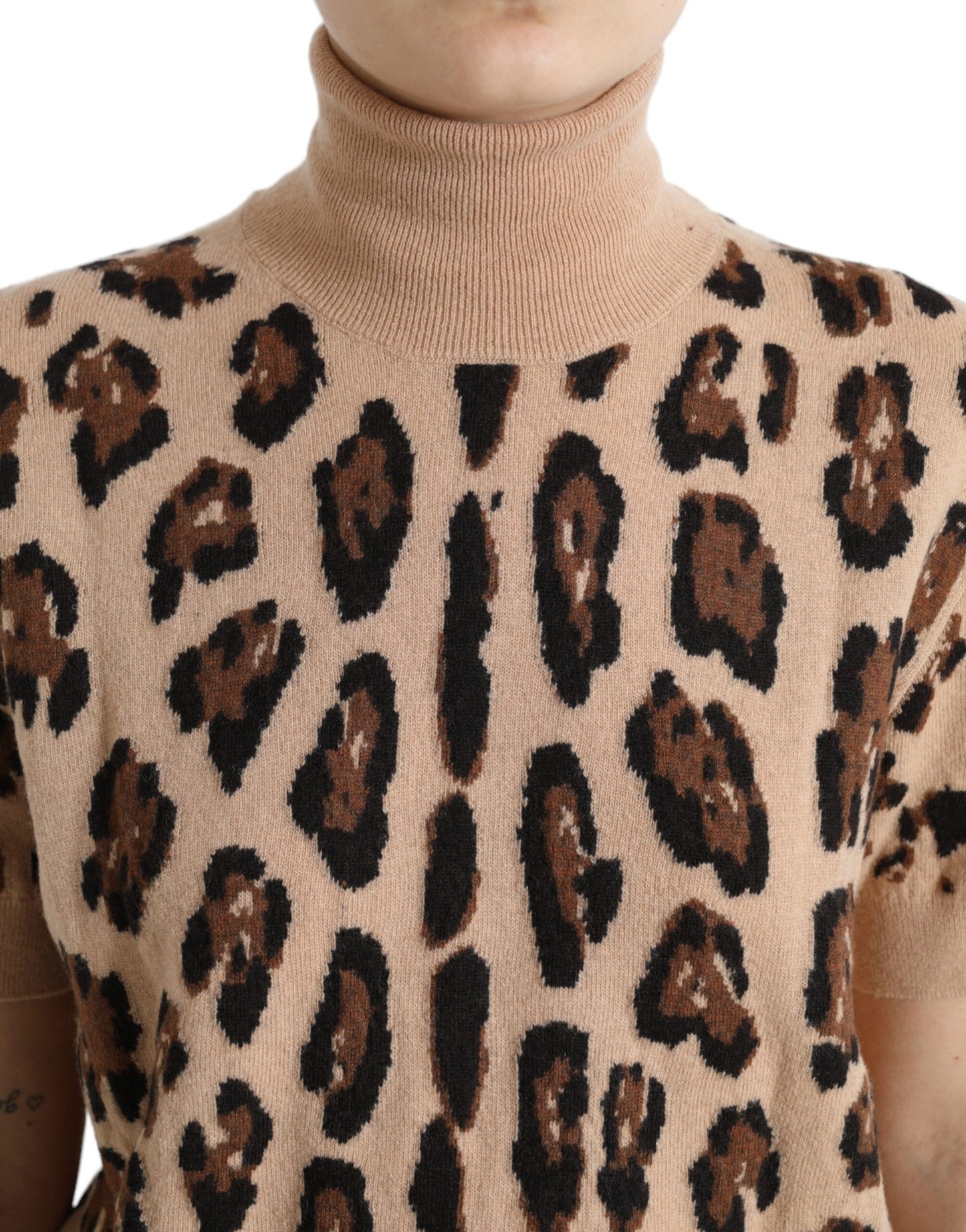 Dolce & Gabbana Elegant Beige Leopard Turtleneck Wool Top IT50 / XXL