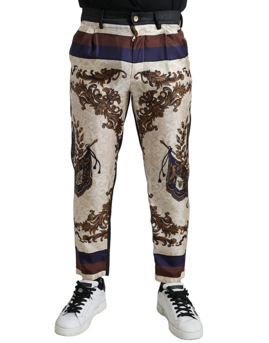 Dolce & Gabbana Elegant Silk Skinny Pants with Heraldic Print IT48 / M