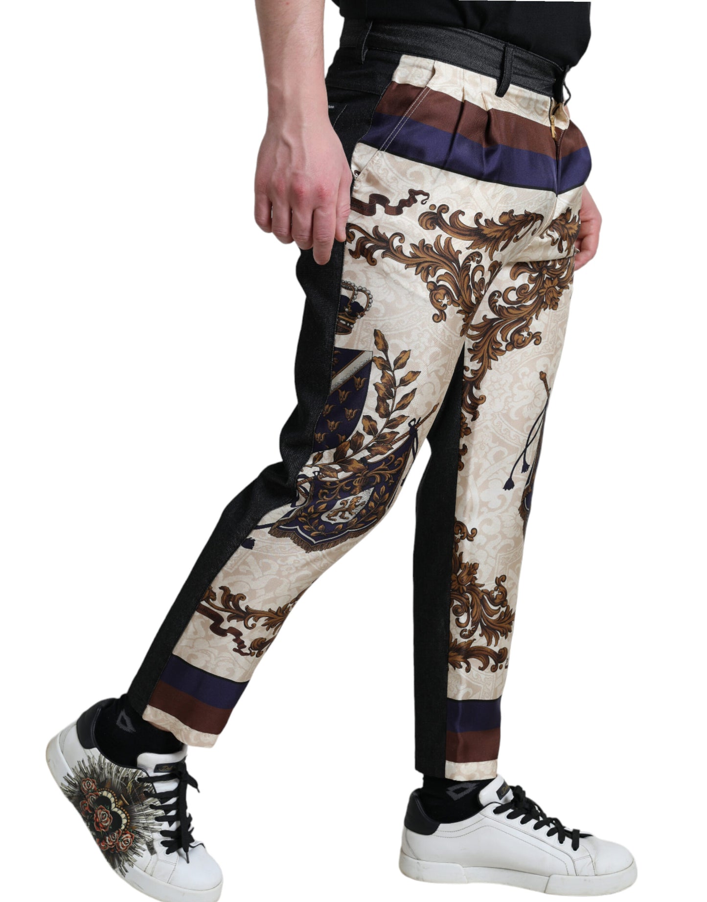 Dolce & Gabbana Elegant Silk Skinny Pants with Heraldic Print IT48 / M