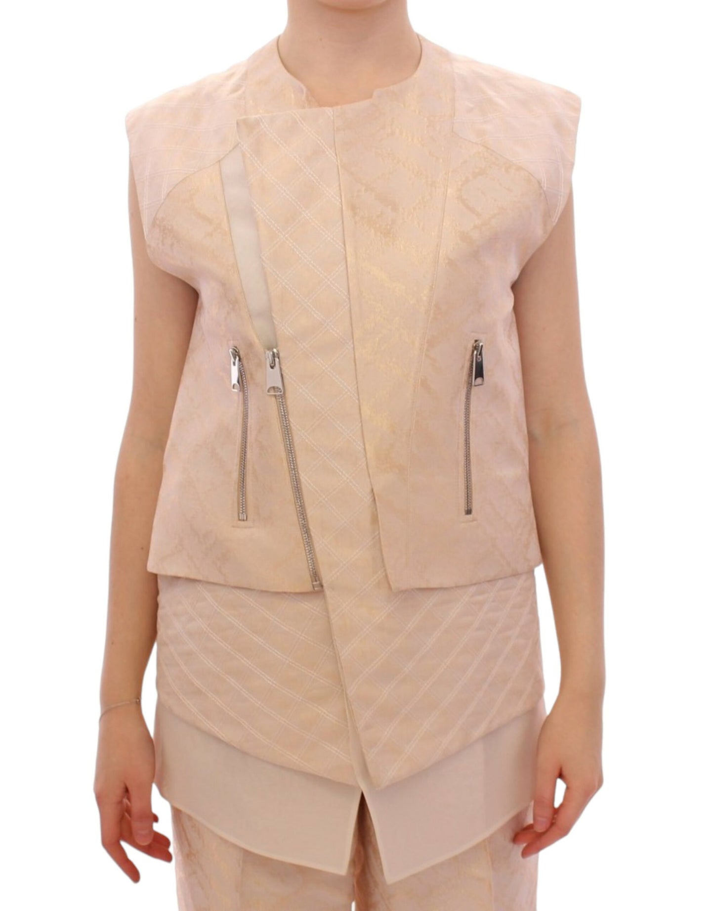 Zeyneptosun Exquisite Beige Brocade Sleeveless Jacket Vest IT42 | M