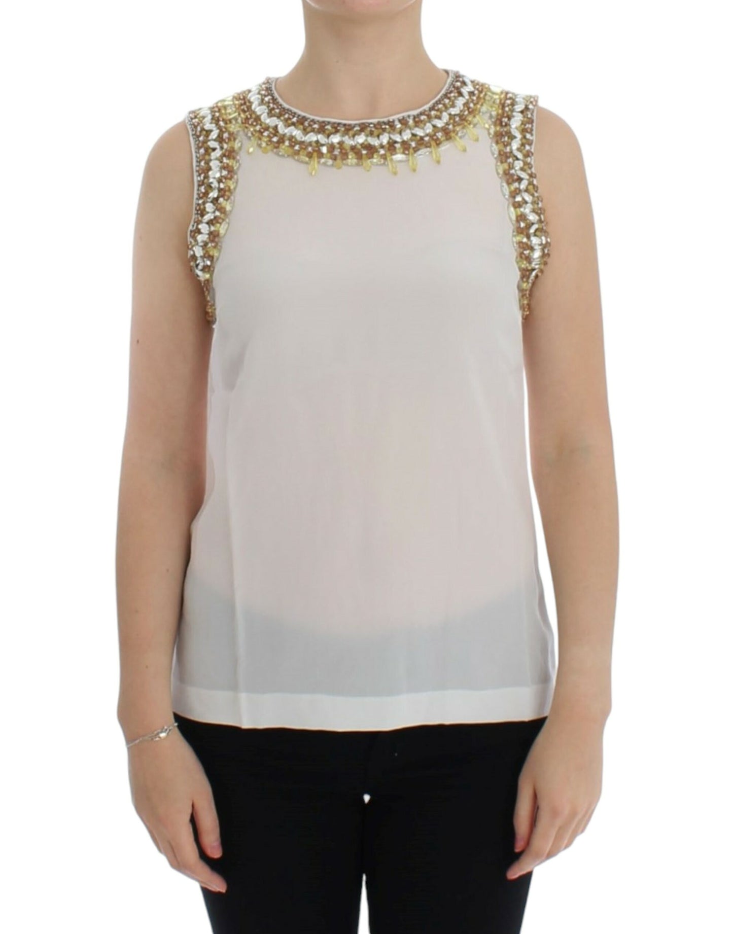 Dolce & Gabbana Elegant Sleeveless Silk Blouse with Crystal Embellishment IT40 | S