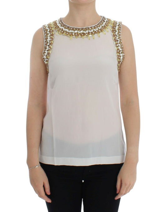 Dolce & Gabbana Elegant Sleeveless Silk Blouse with Crystal Embellishment IT40 | S