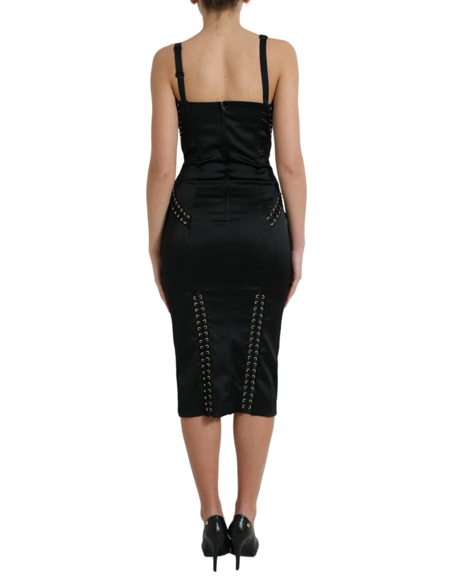 Dolce & Gabbana Elegant Black Lace-Up Midi Bodycon Dress IT42 / M