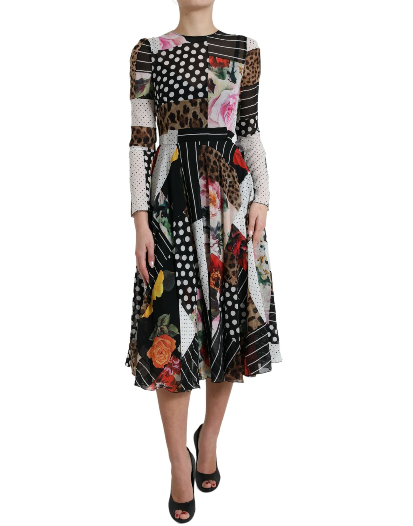 Dolce & Gabbana Elegant Patchwork Silk Midi A-Line Dress IT40 | S