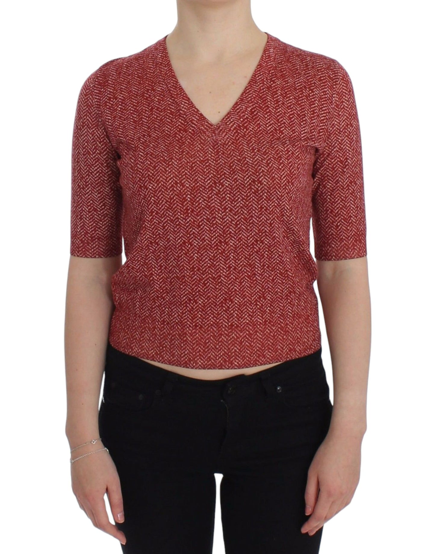 Dolce & Gabbana Enchanting Red Tweed V-Neck Sweater IT38 / XS