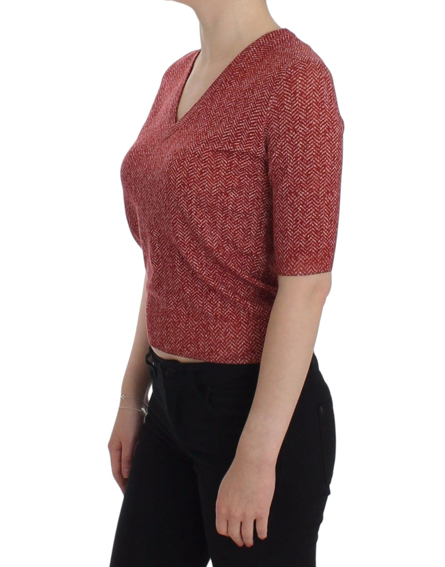 Dolce & Gabbana Enchanting Red Tweed V-Neck Sweater IT38 / XS