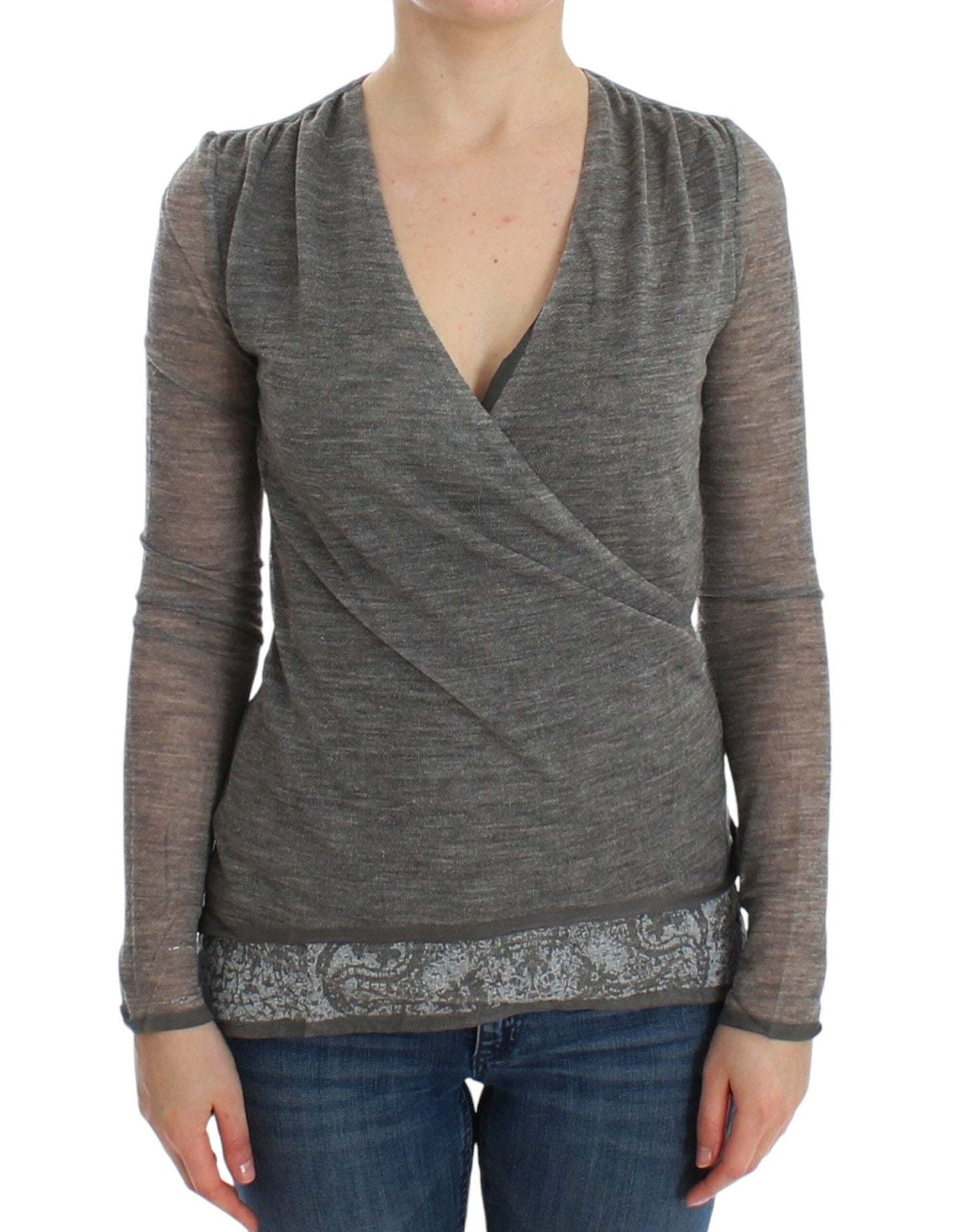 Ermanno Scervino Elegant Gray Wool Blend Deep V-neck Sweater IT44 | M