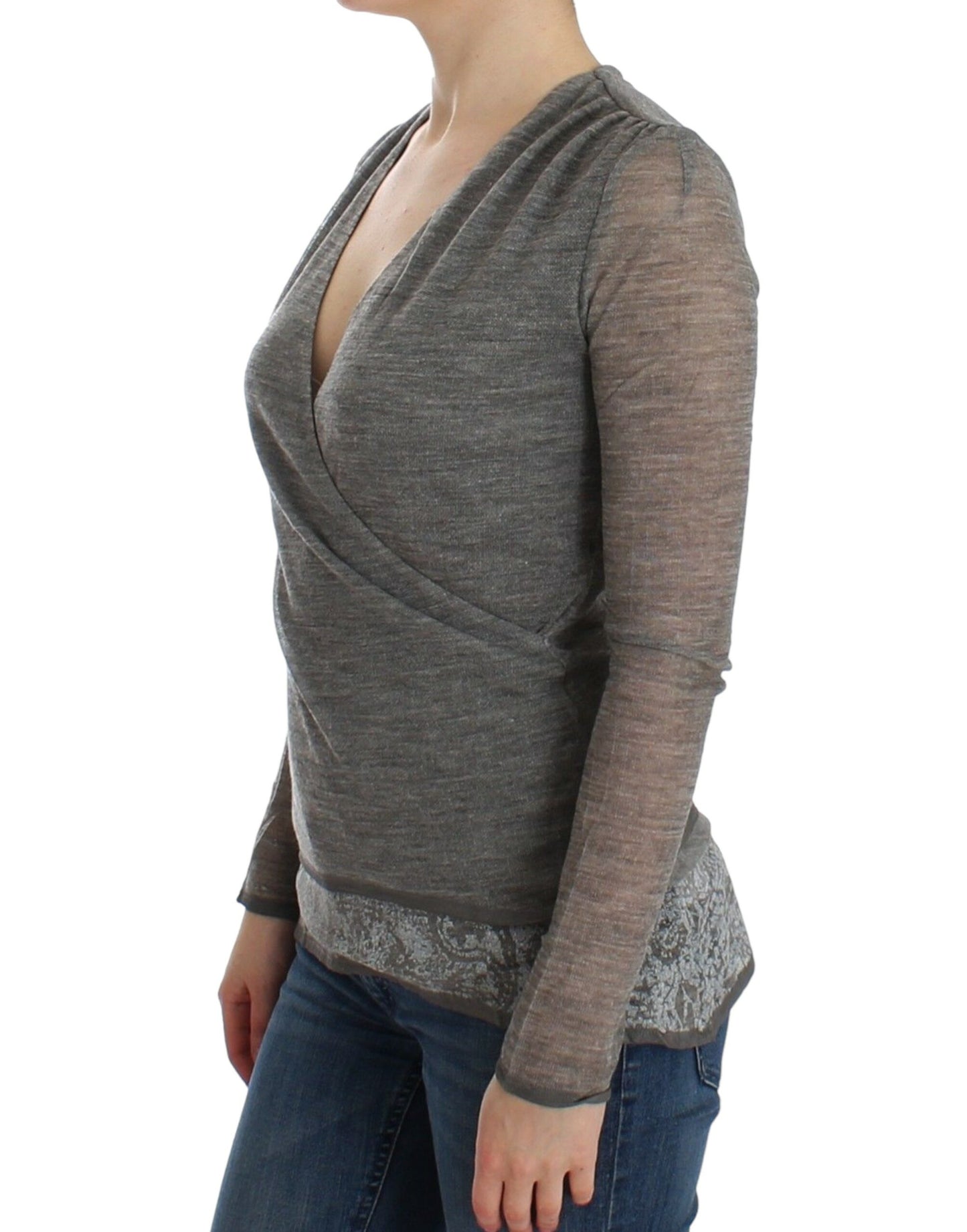 Ermanno Scervino Elegant Gray Wool Blend Deep V-neck Sweater IT44 | M