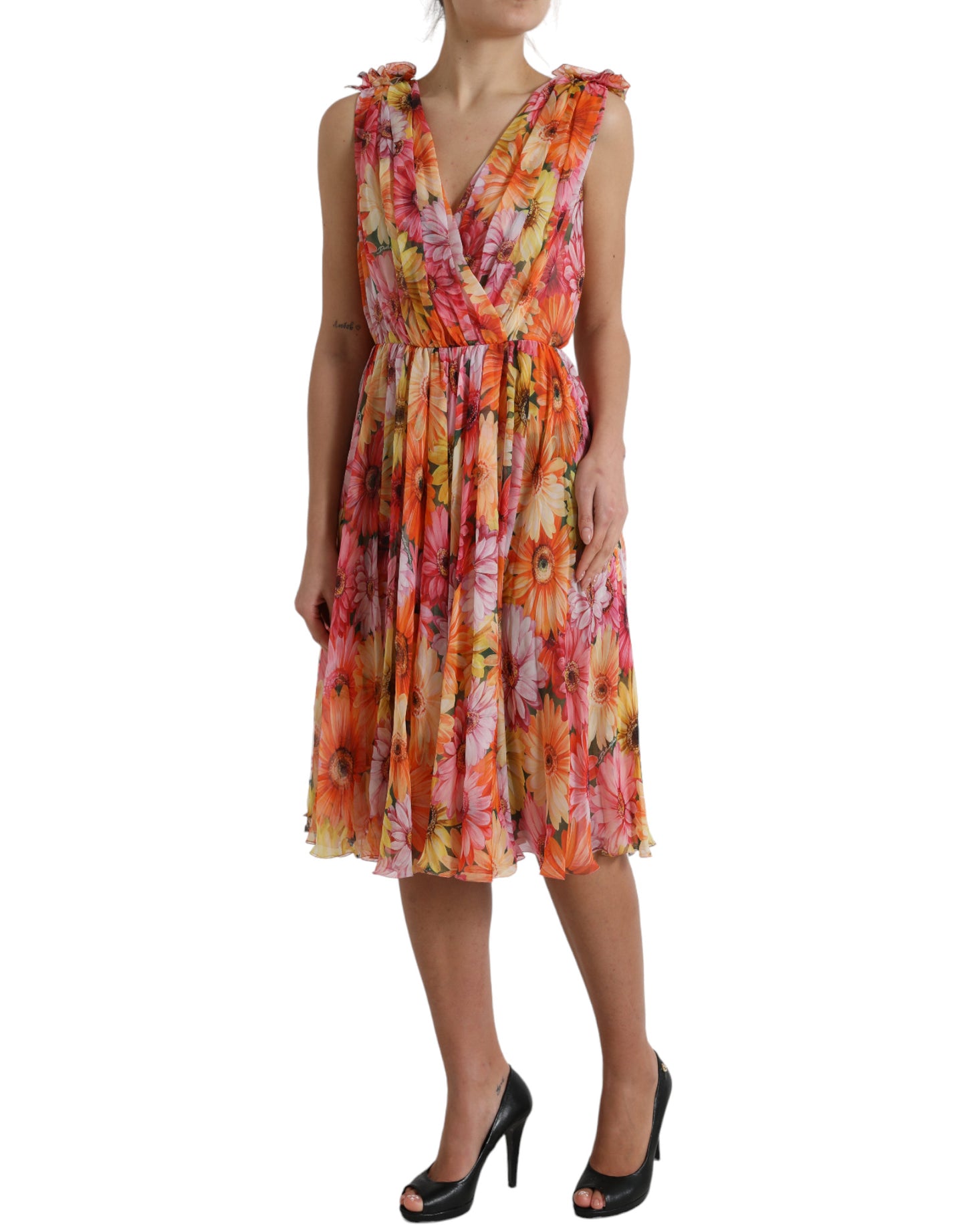 Dolce & Gabbana Elegant Floral Silk Midi Dress with V-Neck IT48 / XXL