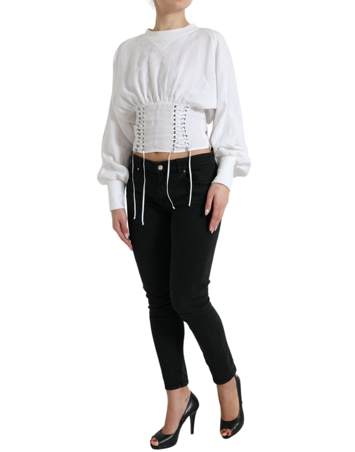 Dolce & Gabbana Elegant White Lace-Up Corset Cropped Top IT40 | S