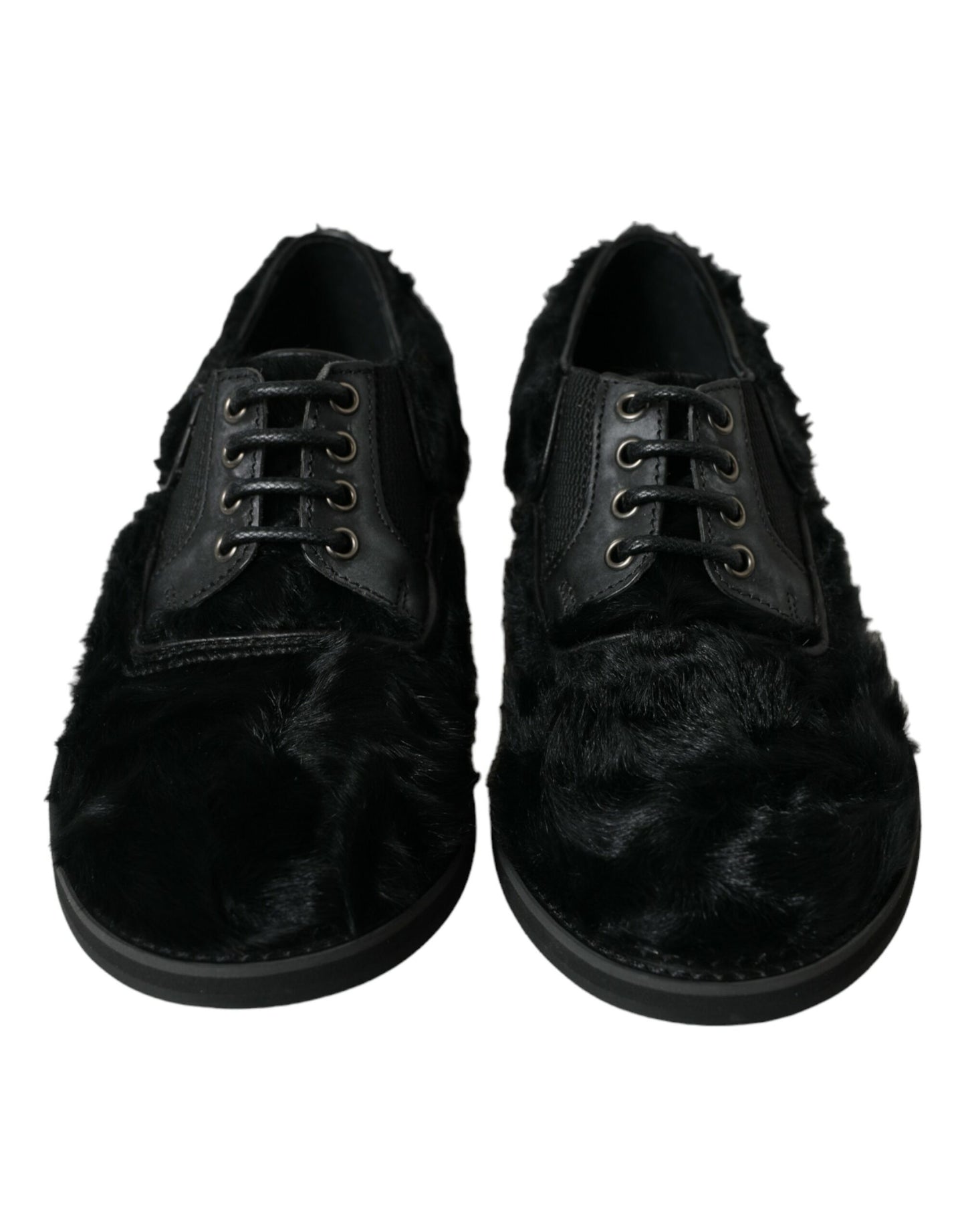 Dolce & Gabbana Elegant Black Fur Derby Dress Shoes for Men EU42.5 / US9.5