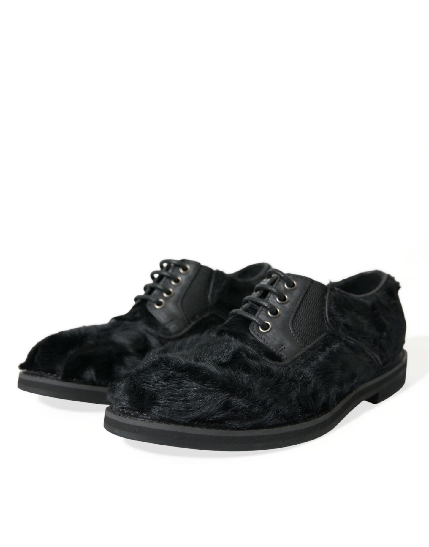 Dolce & Gabbana Elegant Black Fur Derby Dress Shoes for Men EU42.5 / US9.5